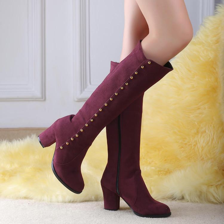 Side Zipper Buttons Decoration Middle Heel Long Boots with Plus Size