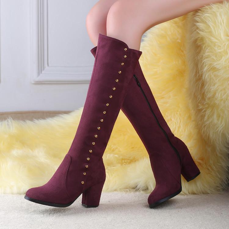 Side Zipper Buttons Decoration Middle Heel Long Boots with Plus Size