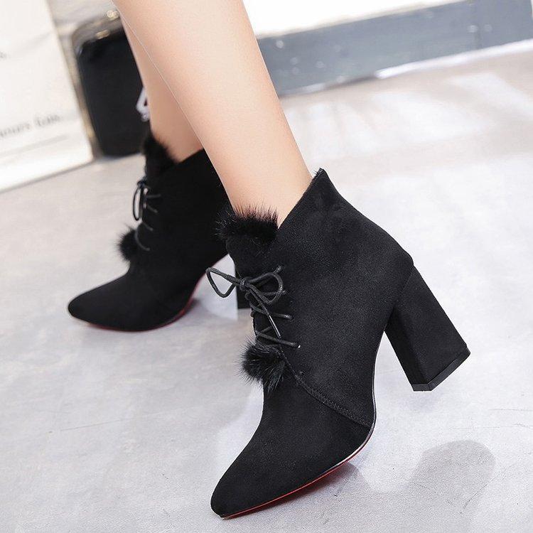 Fur Decoration Pointed Toe Lace UP Middle Chunky Heel Short Martin Boots