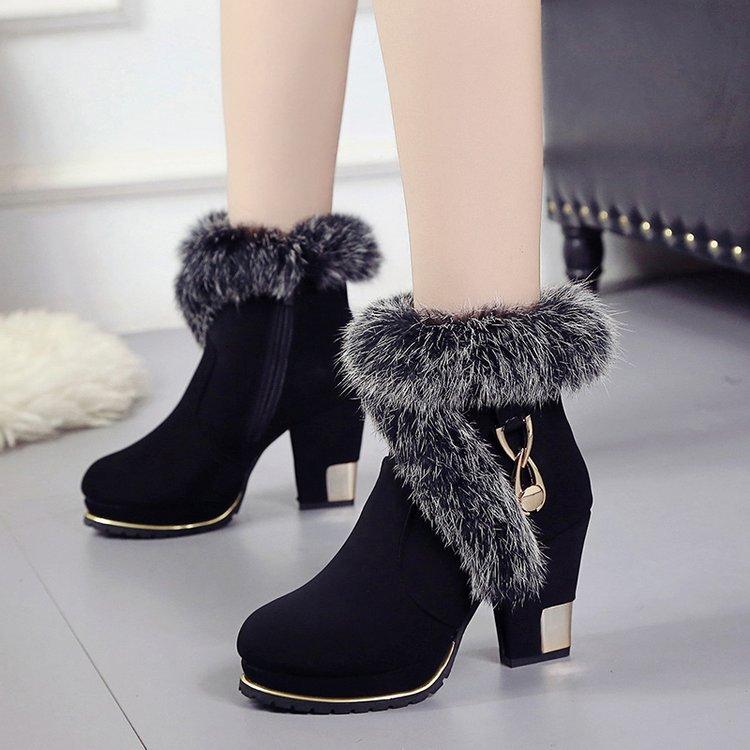 Pointed Toe Fur Decoration Middle Chunky Heel Short Boots