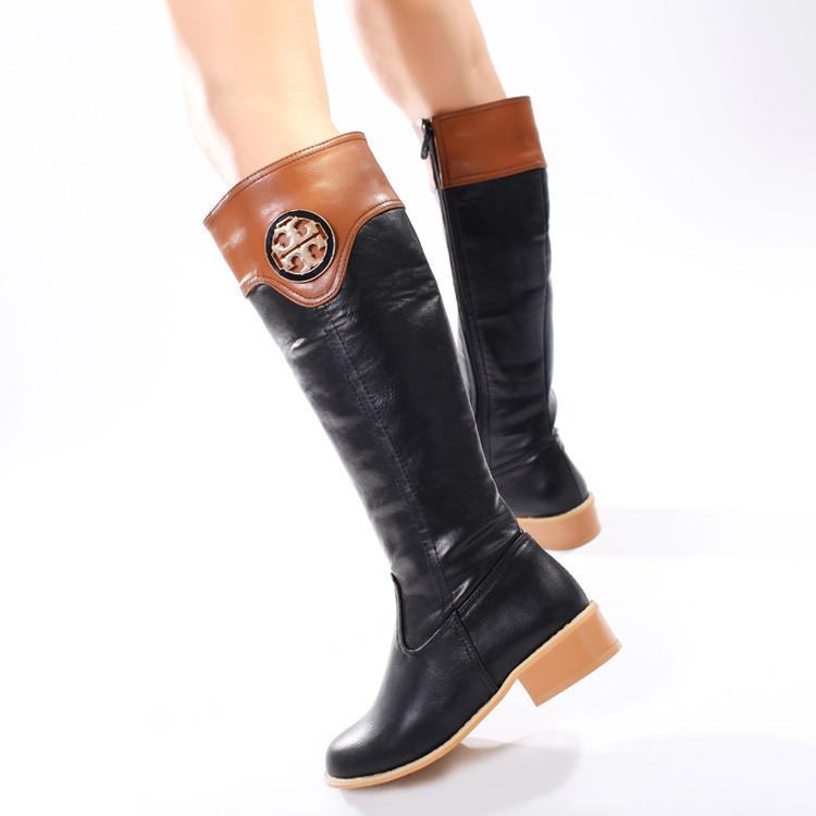 Patchwork Side Zipper Low Chunky Heel Long Boots