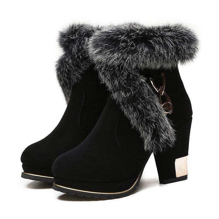 Pointed Toe Fur Decoration Middle Chunky Heel Short Boots