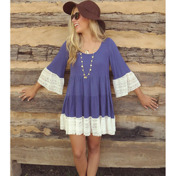 3/4 Sleeves Solid Color Scoop Lace Splicing Short Dress - May Your Fashion - 2