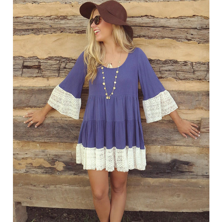 3/4 Sleeves Solid Color Scoop Lace Splicing Short Dress - May Your Fashion - 2
