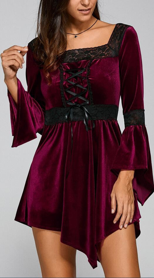 Retro Style Rosy Lace Up Irregular Lace Splicing Short Dress