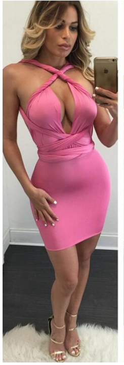 V-neck Pure Color Hollow Out Short Club Dress