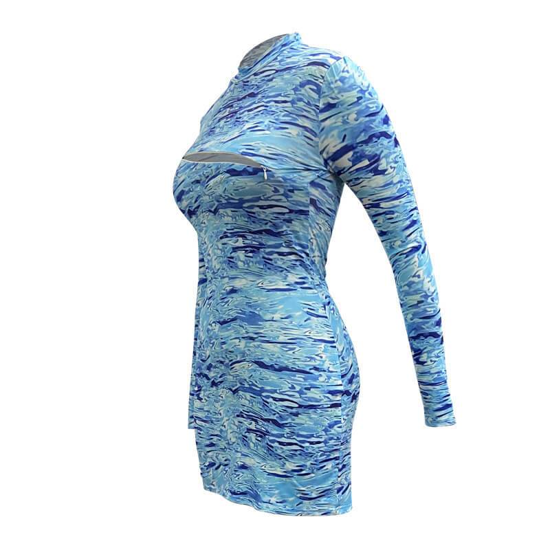 Printed With Finger Long Sleeve Bodycon Dress