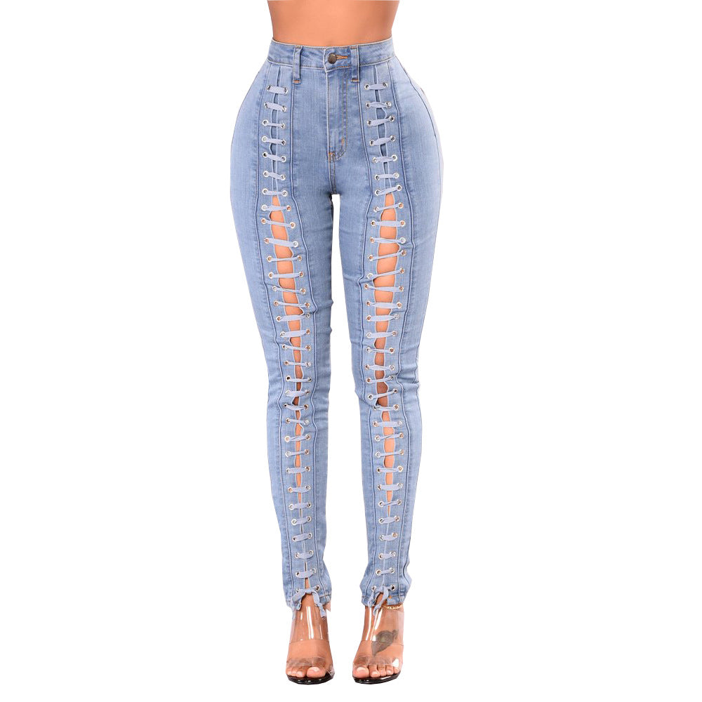 Straps Hollow Out High Waist Pure Color Long Skinny Jeans