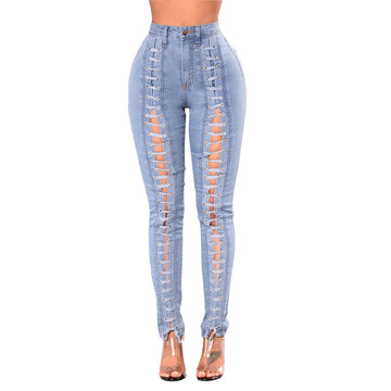 Straps Hollow Out High Waist Pure Color Long Skinny Jeans