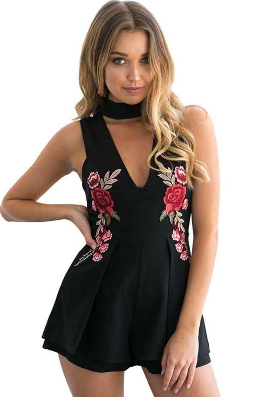 Rose Embroidery High Neck Sleeveless Short Jumpsuit