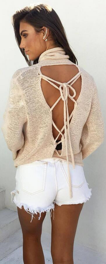 Sexy Back Lace Up Batwing High Neck Sweater