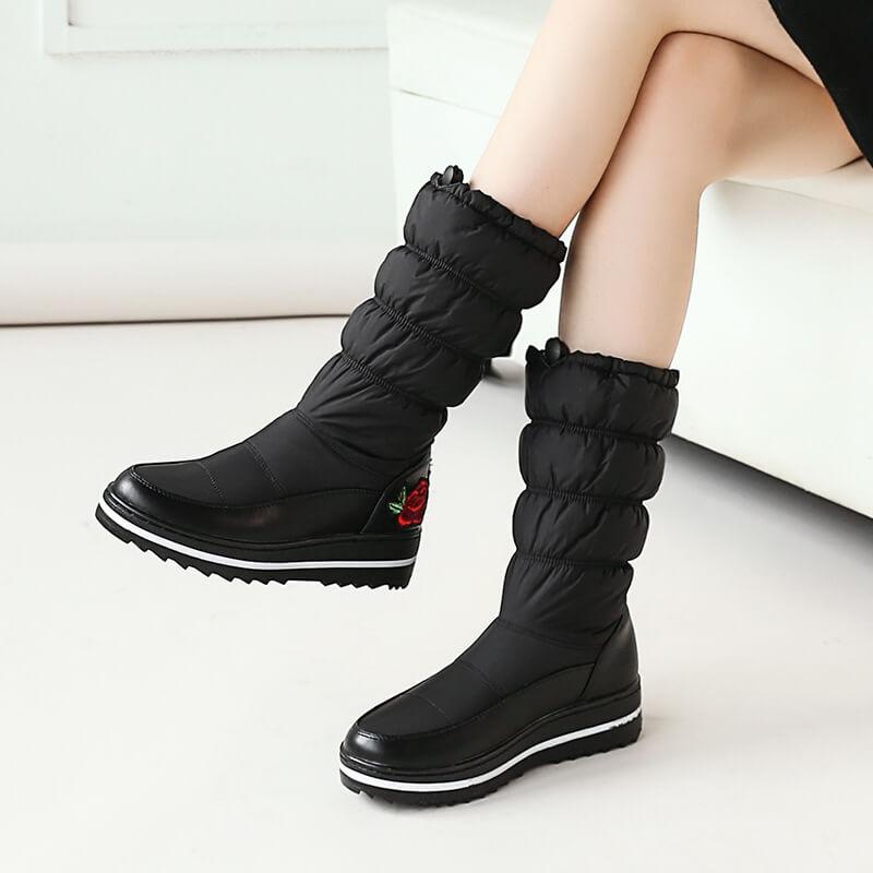 Embroidery Platform Flat Round Toe Mid Calf Boots