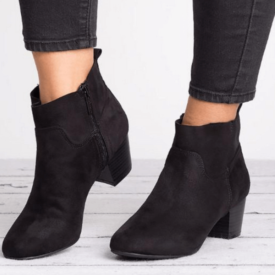 Low Chunky Heel Suede Round Toe Ankle Boots