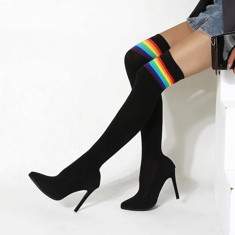 Black Point Toe High Heel Stretch Over Knee Sock Boots