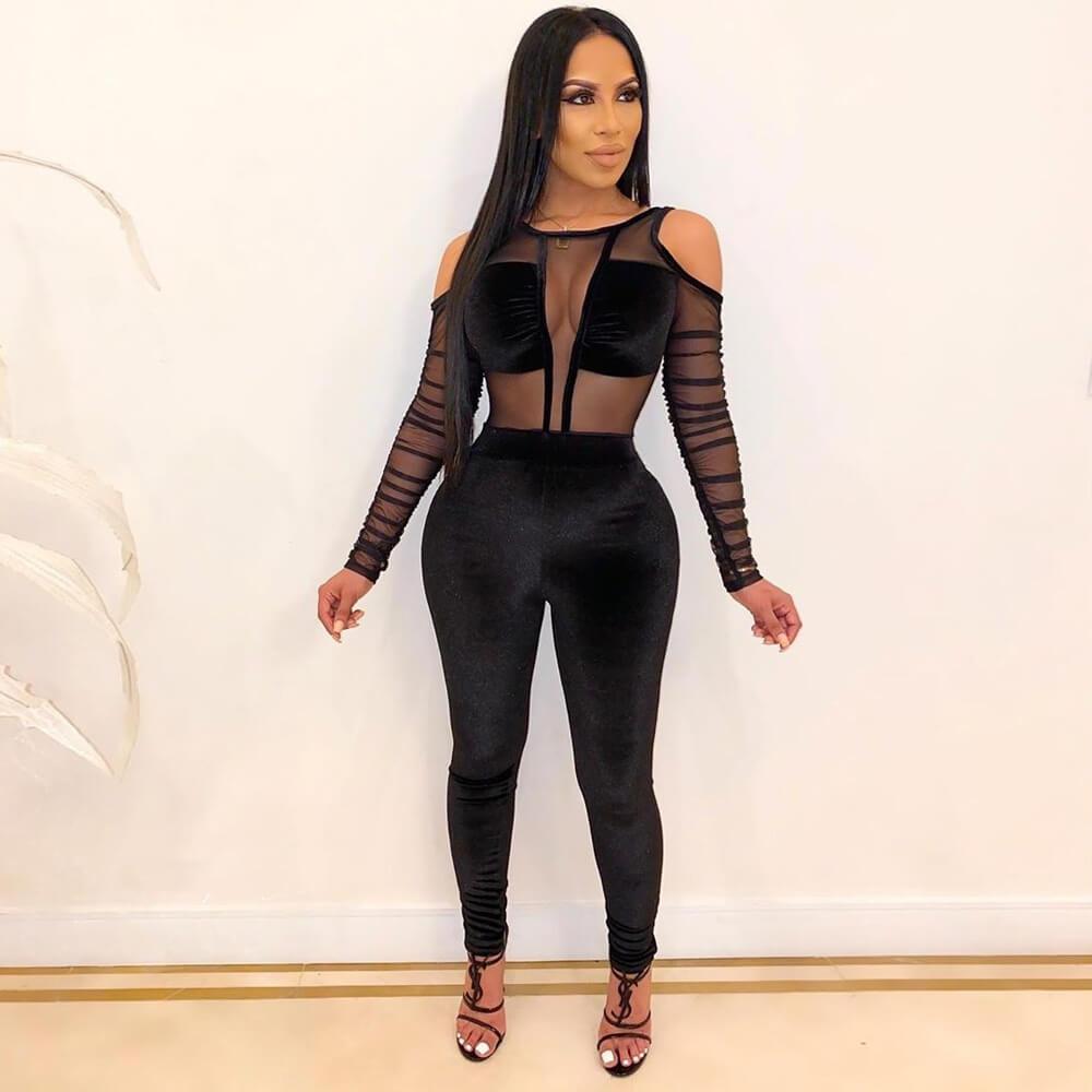 Sexy Long Sleeves Bodycon Mesh Velvet Patchwork Skinny Jumpsuits