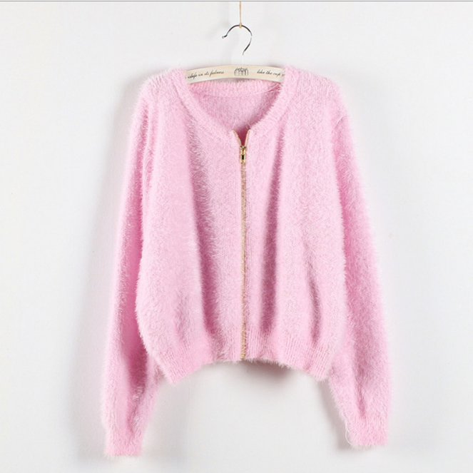 Mohair Zipper Solid Color Loose Scoop Sweater