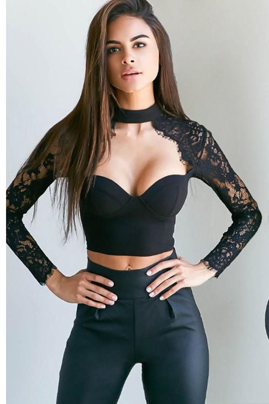 High Neck Pure Color Lace Long Sleeves Short Crop Top