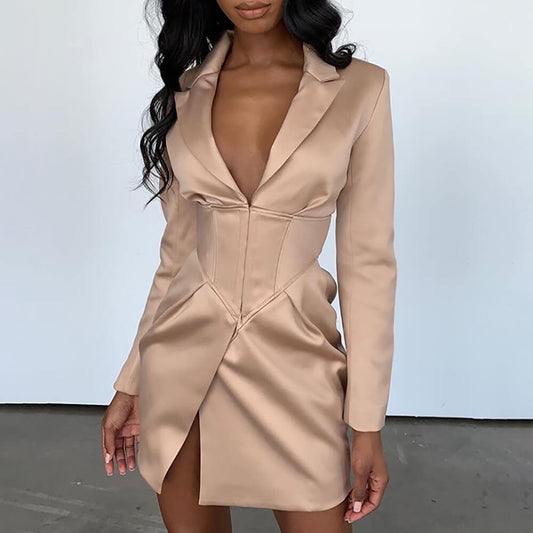 Long Sleeve V Neck Empire Waist Blazer Dress