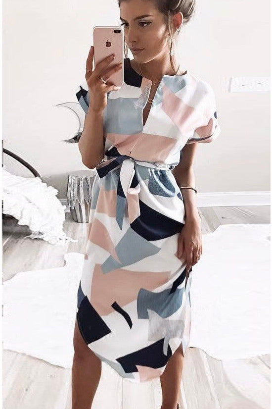 Sexy V-neck Print Irregular Knee-length Dress