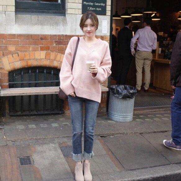 Long Sleeves Pure Color V-Neck Loose Sweater