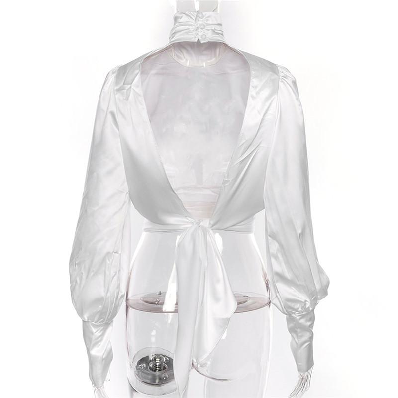 High Neck Cut Out Long Lantern Sleeves Backless Short Blouse