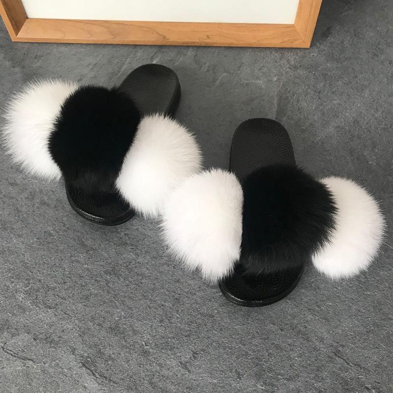 Color Matching Large Fur Real Natural Fox Fur Slides Colorful Fluffy Fur Slides Sandals Slippers Fashion Women Shoes
