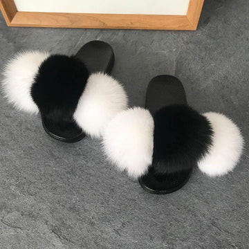 Color Matching Large Fur Real Natural Fox Fur Slides Colorful Fluffy Fur Slides Sandals Slippers Fashion Women Shoes