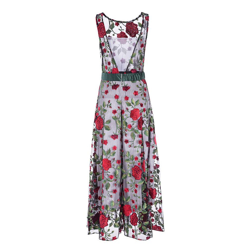 Embroidery Flowers Backless Pleated Long Prom Party Dress