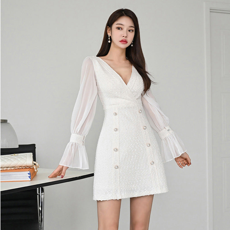 V-Neck Patchwork Flared Sleeve A-line Dress