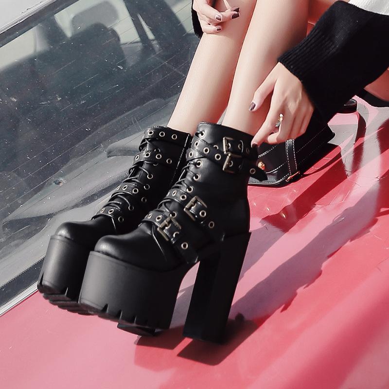 Nightclub Thick Bottom High Heel Waterproof Platform Belt Buckle Martin Boots