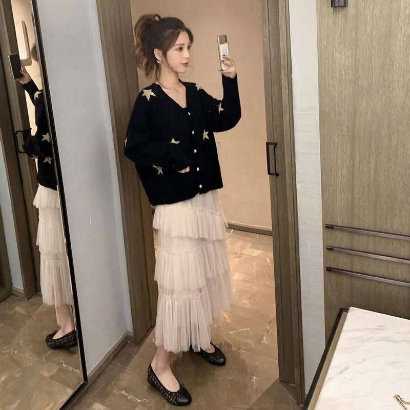 Star Print Knit Cardigan Embroidery Loose V-neck Sweater