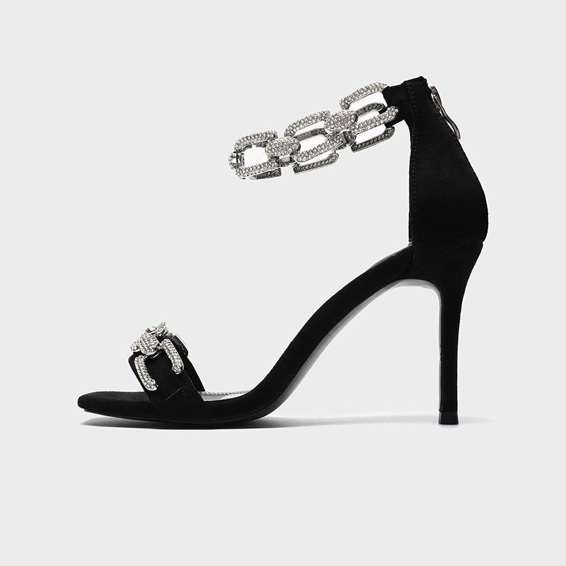 Fashion Open Toe High-heeled Sandals Drill Chain Hollow Stiletto Women's Shoes