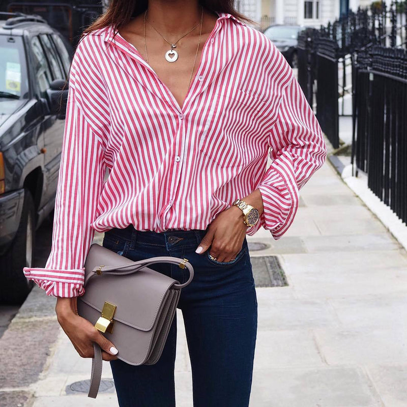 Striped Turn-down Collar Long Sleeves Casual Plus Size Blouse