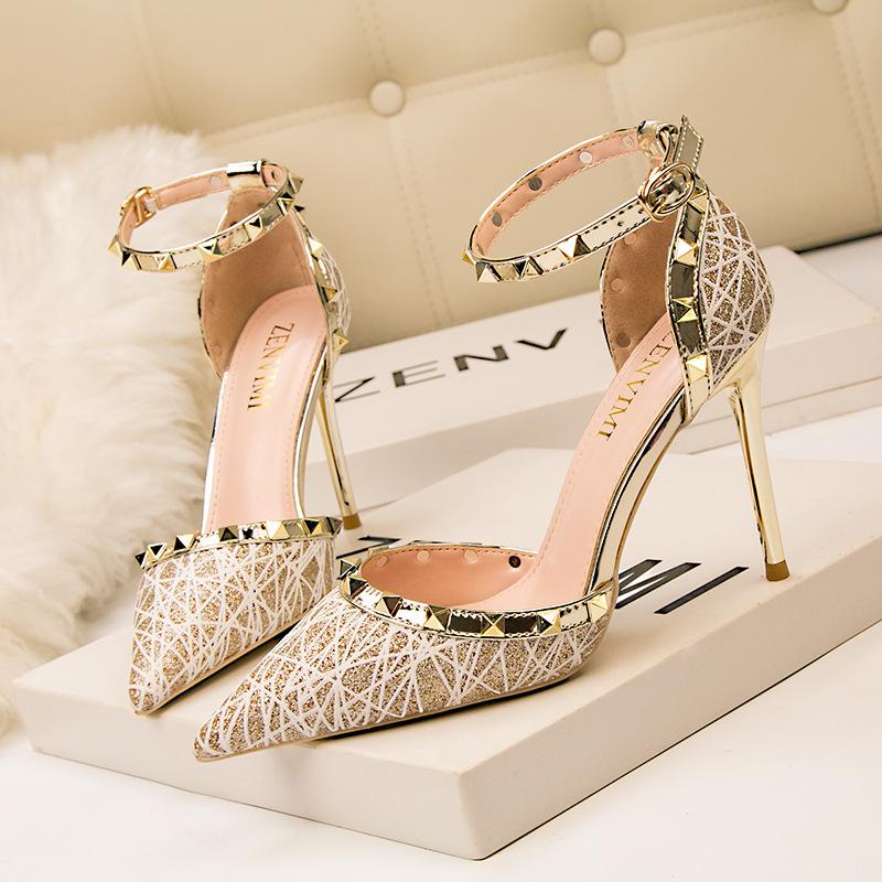 High Heel Shallow Pointed Hollow Out Rivet Slotted Sandals
