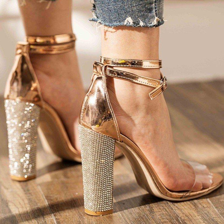 Thick High-heeled Slotted Buckle Rhinestone Sandals Sexy High-heeled Shoes