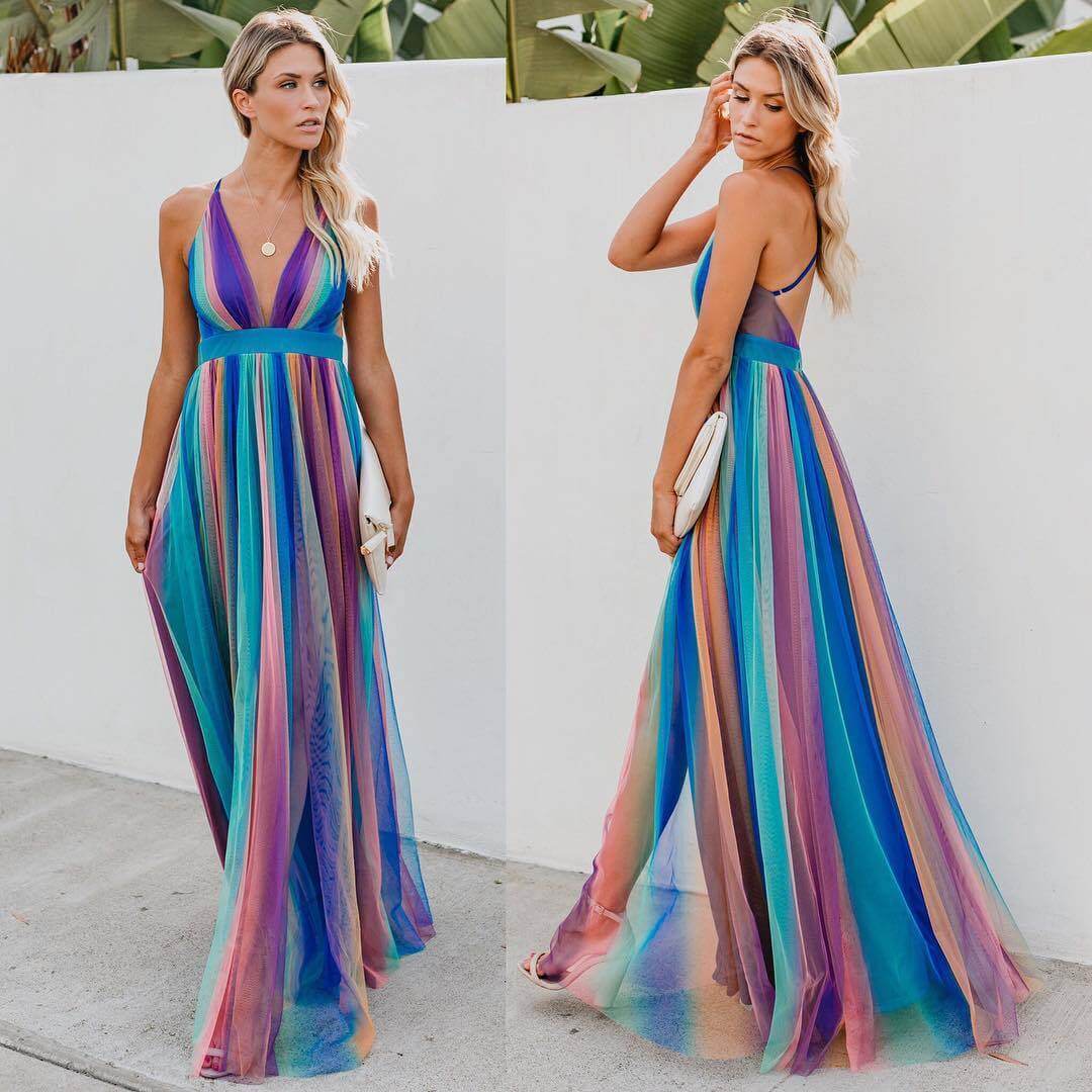 Spaghetti Straps Print Chiffon Long Dress