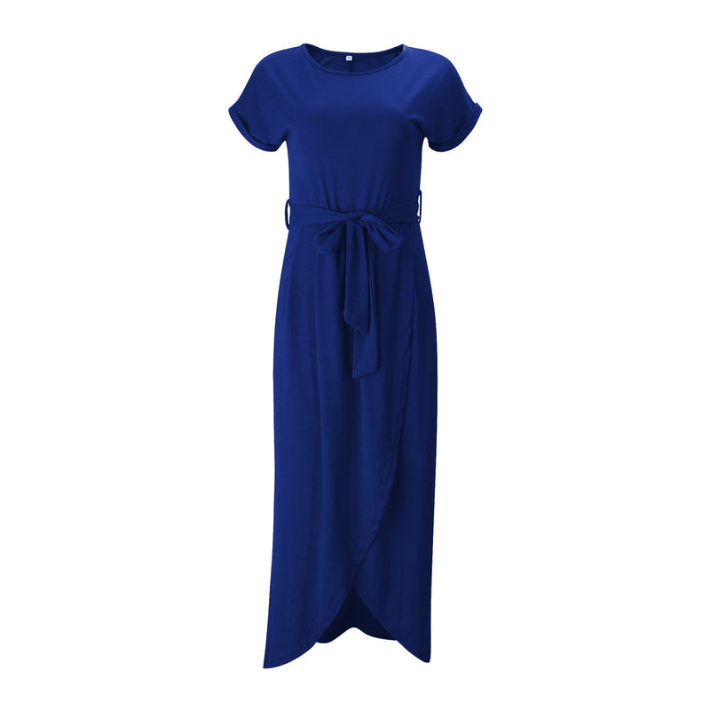 Pure Color Irregular Straps Belt Long Dress