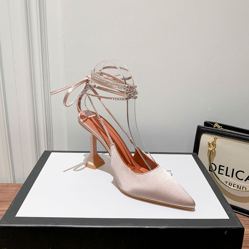 Pointed Ankle Trip Band Satin Wine Cup Heel Sandals