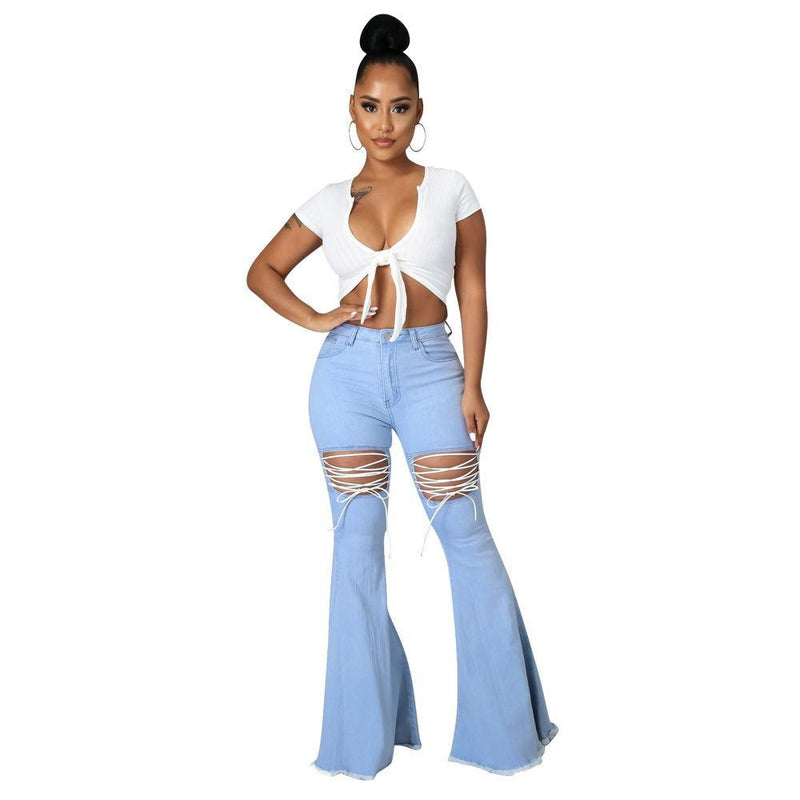 Solid Color Casual Wash Bandage Denim Flared Pants