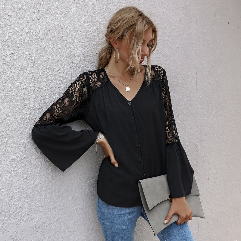 V-neck Lace Long Sleeve Top