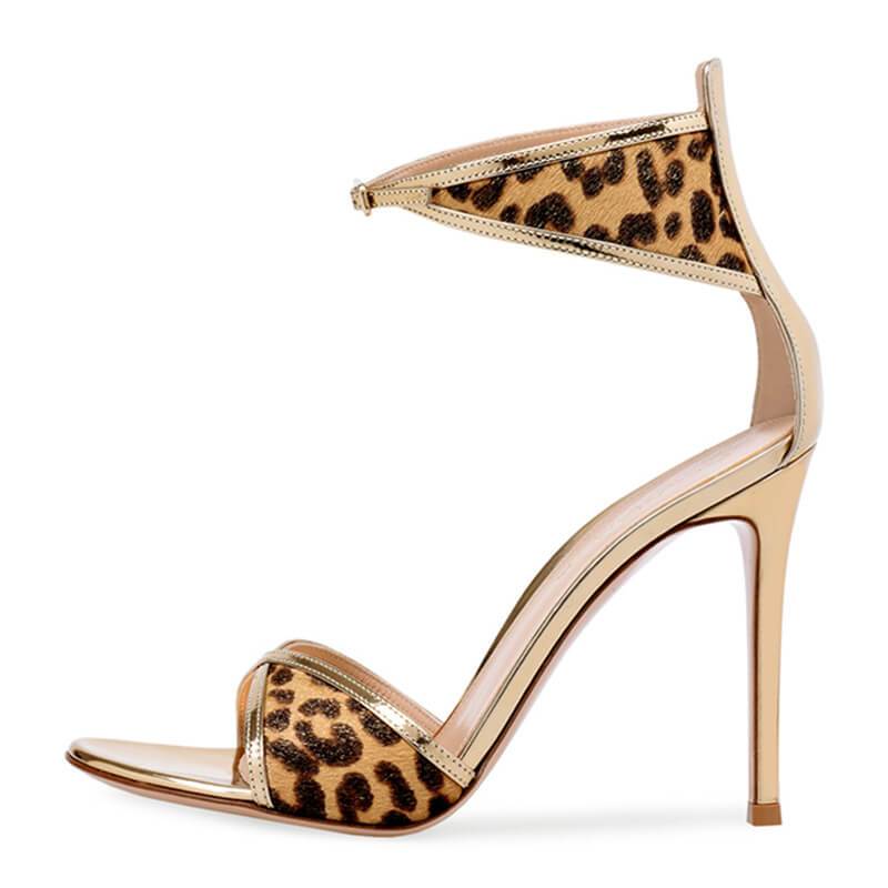 Summer Leopard Open Toe Leather Stiletto Heel Sandals