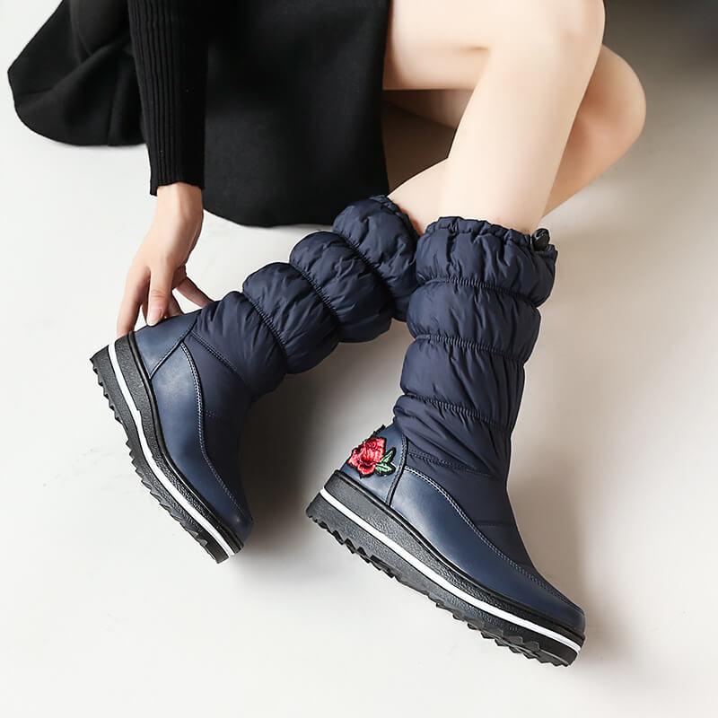 Embroidery Platform Flat Round Toe Mid Calf Boots