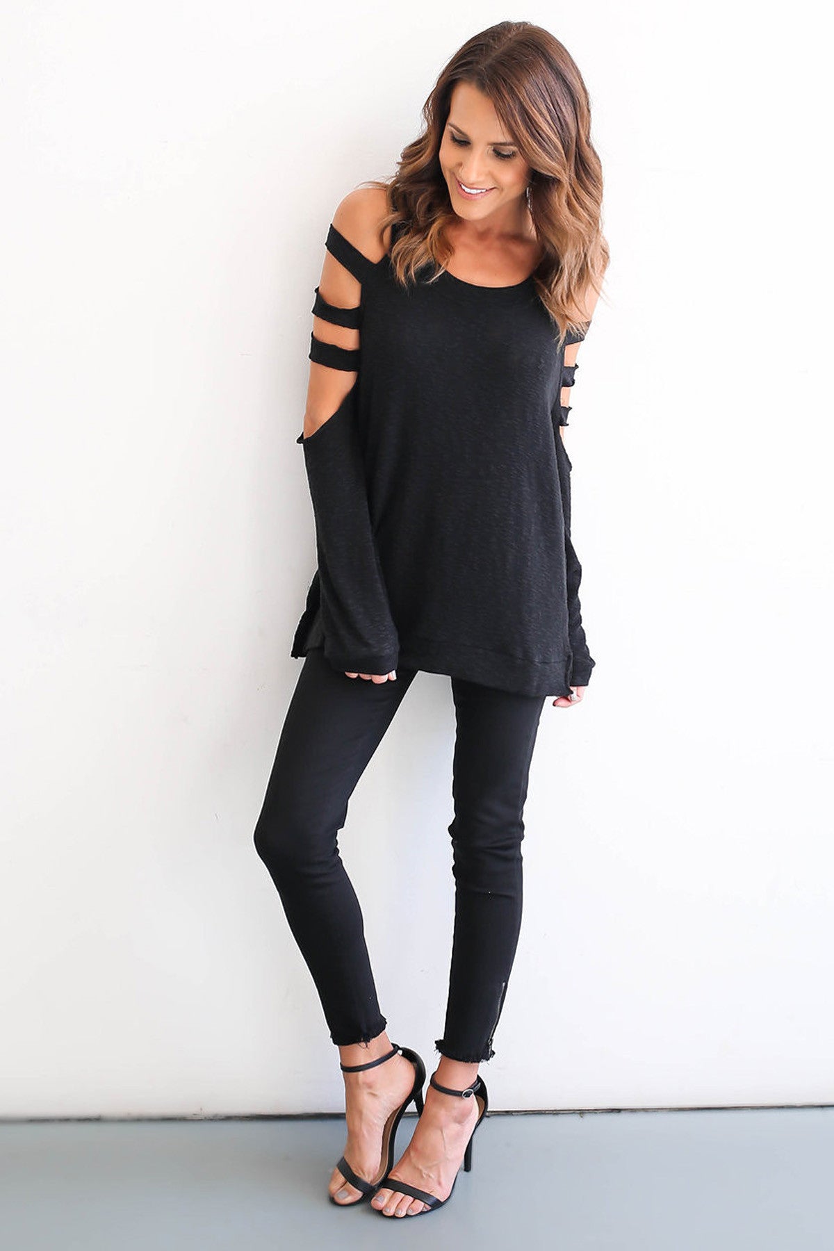 Bear Shoulder Pure Color Hollow Out Long Sleeves T-shirt