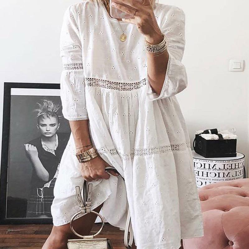 Plus Size Long Sleeve Patchwork Embroidery Loose Dress