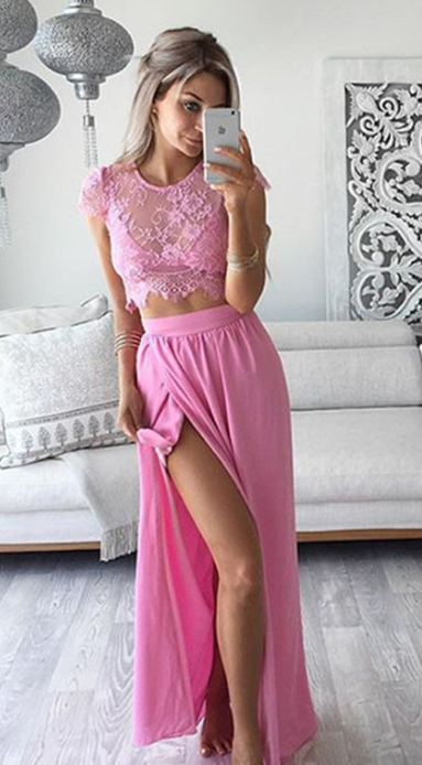 Two Piece Lace Crop Top Slit Long Dress Suit 