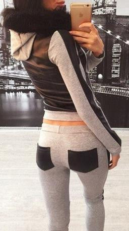 Long Sleeves Hoodie Drawstring Pant PU Patchwork Two Pieces Set