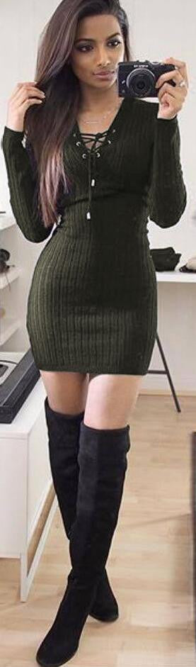 Lace Up V Neck Ribbed Long Sleeve Short Bodycon Dress