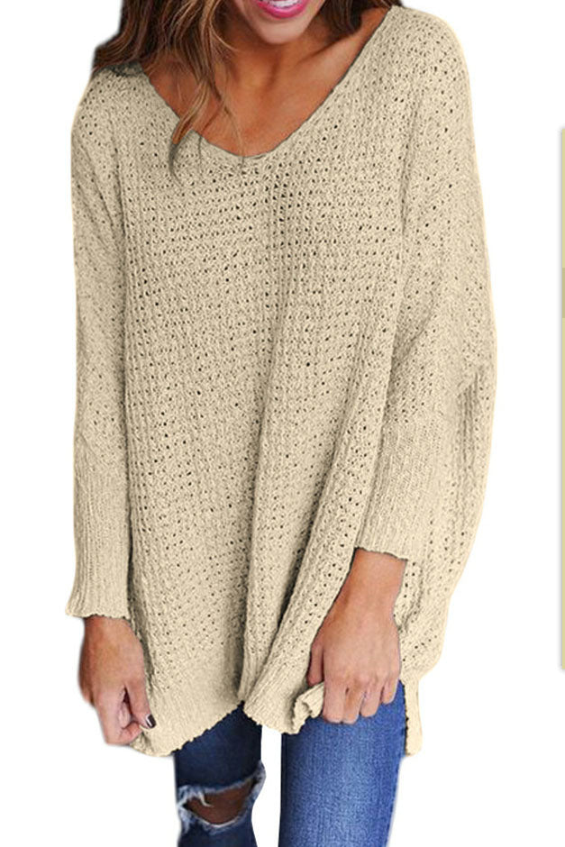 Solid Color V-neck Loose Long Pullover Sweater