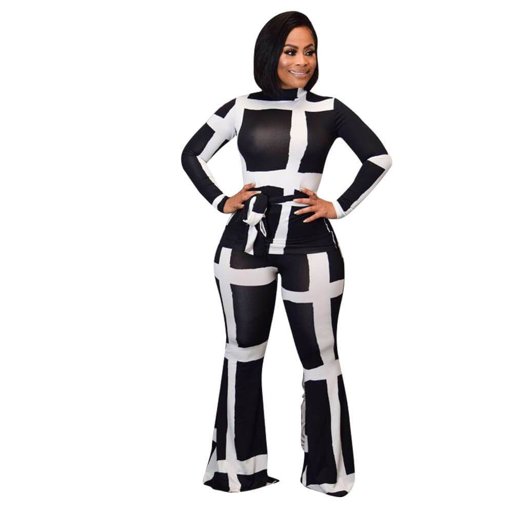 Patchwork Crop Top High Waist Bell Bottom Pants Set