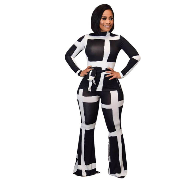 Patchwork Crop Top High Waist Bell Bottom Pants Set